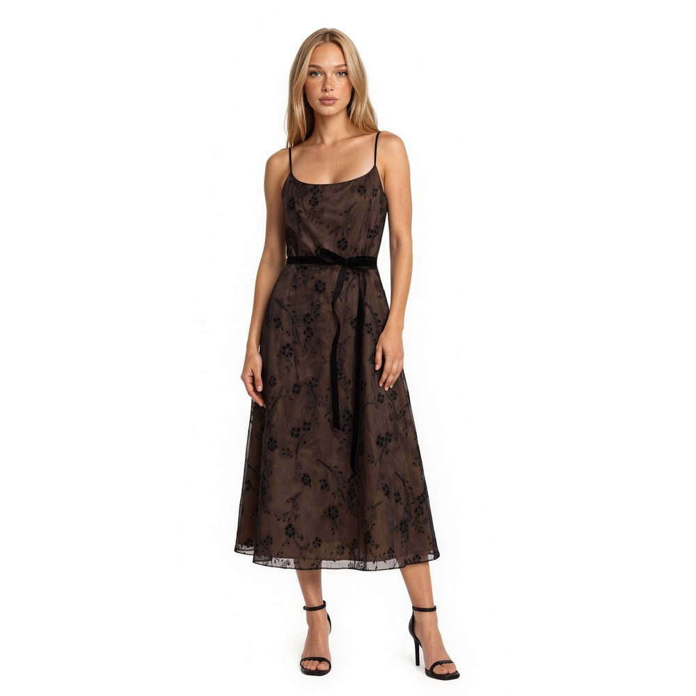 Jessica Howard Midi Dress Women's Size 8 Brown Black Floral Overlay Velvet USA
